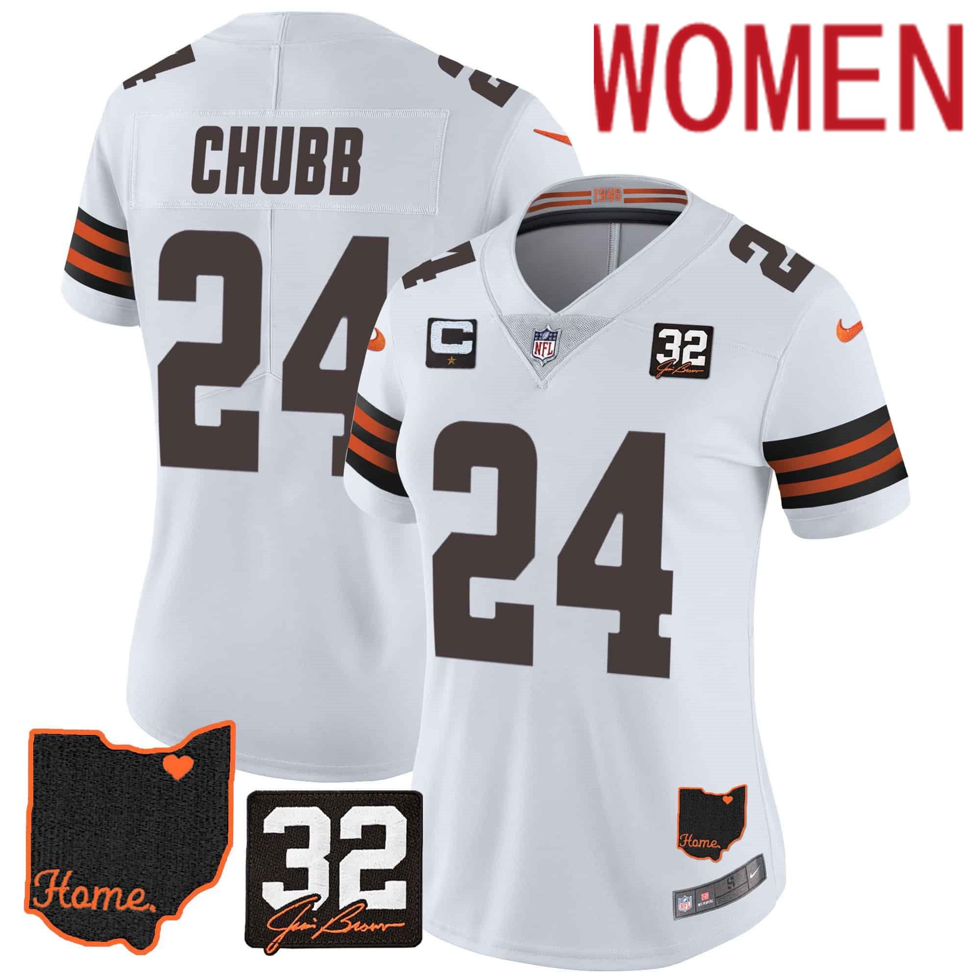 Women Cleveland Browns #24 Chubb White Memorial Home Patch 2024 Nike NFL Jersey